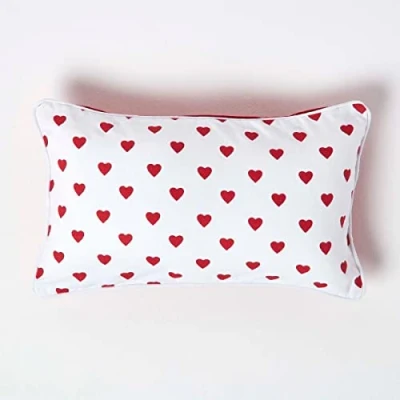 Image of HOMESCAPES 100% Cotton Love Hearts Cushion Cover 30 x 50 cm Rectangular 12 20 Inches Red White Sofa Pillow Washable