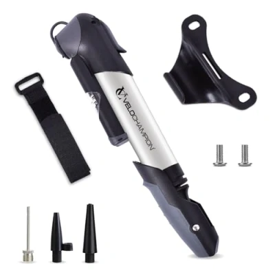 Image of VeloChampion Mini Bicycle Pump with Frame Mount. Portable Alloy for Presta, Schrader and Dunlop Valves. Suitable All Bikes Road, Mountain &amp; BMX (Alloy 9)