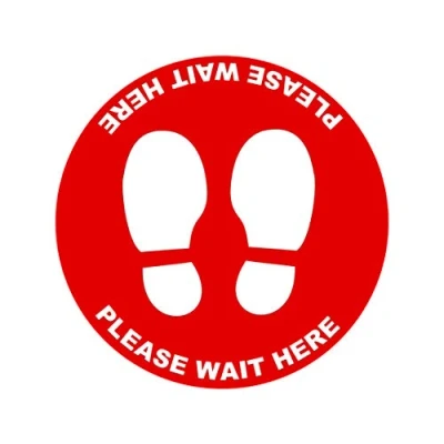 Image of 2 x please wait here red social distancing landscape floor safety sign self adhesive vinyl weather proof label sticker 15cm (SC 41)