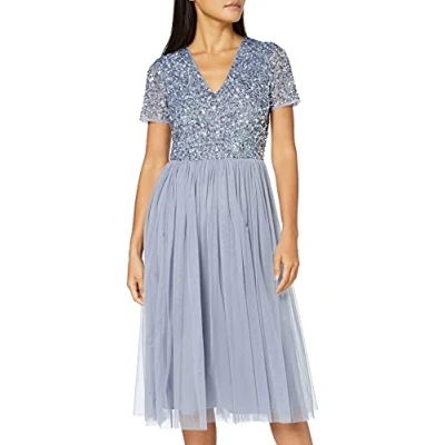 Image of Maya Deluxe Women&#039;s Embellished Midi Evening Dress Ladies V Neckline with Short Sleeve for Prom Wedding Bridesmaid, Dusty Blue, 26