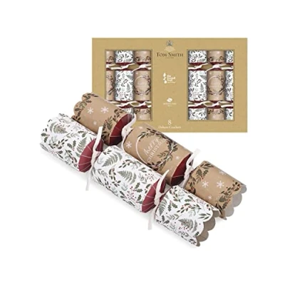 Image of Tom Smith Pack of 8 Deluxe Kraft Brown &amp; White Holly Wreath Charity Christmas Crackers 33cm