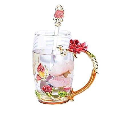 Image of YBK Tech Creative Flower Glass Mug, Crystal Clear Tea Cup Red Rose, Tall (350ml)