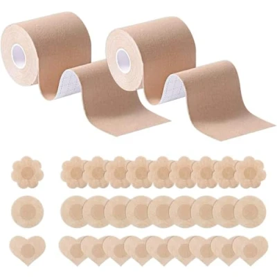 Image of HSAJS Breast Lift Tape,2 Rolls Body Tape for Women with 30pc Petal Nipple Covers,Adhesive Push Up Bra A to E Cup Size,Waterproof &amp; Breathable,Khaki