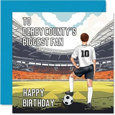 Image of Football Birthday Card for Derby Fans Biggest Fan Fun Happy Son Dad Brother Uncle Colleague Friend Cousin, 145mm x Footy Footie Bday Greeting Cards