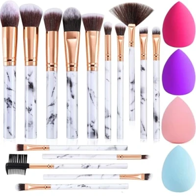 Image of Makeup Brushes DUAIU 15PCs Marble Brush Set Premium Synthetic Kabuki Powder Blush Contour Foundation Concealer Eyeshadow with Sponge