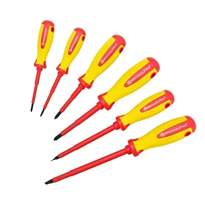 Image of MichaelPro 6 Piece VDE Insulated Electricians Screwdrivers Set, Professional Phillips and Slotted with Magnetic Tips, Blades Tested to 10,000 Volts, CR MO Steel MP002030