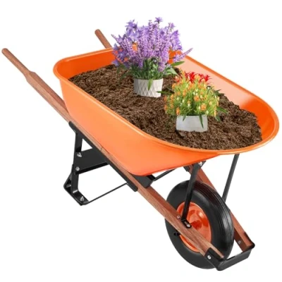 Image of VEVOR Wheelbarrow, 6 Cu. Ft 330 lbs Capacity, One Garden Dump Barrow with Metal Handle &amp; 16&quot; Wide Track Wheels, Easy Loading Utility Yard Cart Wagons for Lawn Farm, Orange+Black