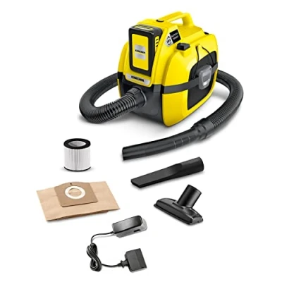 Image of Kärcher multi purpose vacuum cleaner WD 1 Compact Battery Set (battery life: 10 min, power: 230 W, tank size: 17 liters, blower function, accessory storage, suction without filter change)