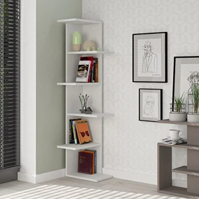 Image of HOCUS PICUS 5 Tier Corner Bookcase Modern Space Saving Wooden Shelf Wall Mounted Display Rack for Living Room, Office, Kids Room 141x37x24cm Multiple Colors (White)