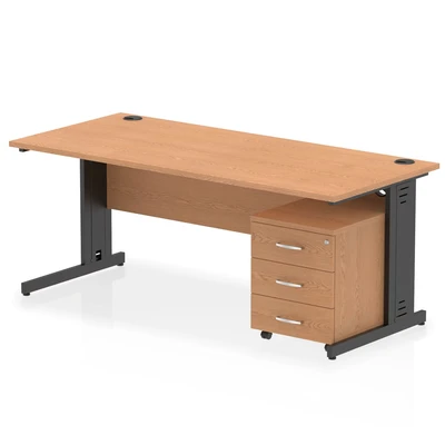 Image of Impulse 1800x800 Desk Oak/Black Cable Managed Leg 3 Drawer Mobile Ped
