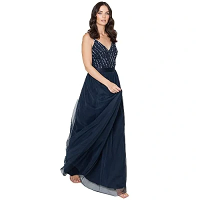 Image of Maya Deluxe Women&#039;s Ladies Maxi Dress Long Length Wedding Guest Bridesmaid Prom Summer Evening Gown V Neck Straps Bow Tie, Navy, 22