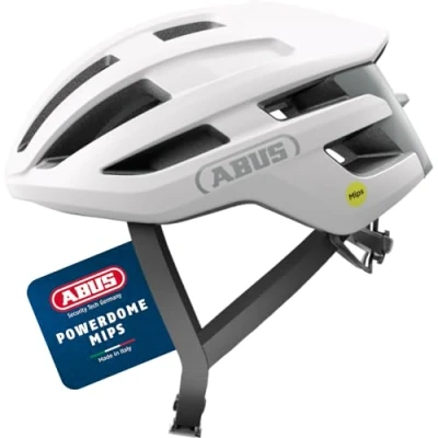 Image of ABUS PowerDome MIPS road bike helmet lightweight with clever ventilation system and impact protection Made in Italy for men women white, size S