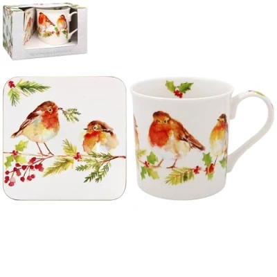Image of Lesser &amp; Pavey Winter Robin Mug Coaster Ceramic Coffee Mugs for Home or Work Premium Design All Occasions Lovely Tea, Hot Drinks