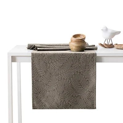 Image of AmeliaHome Table Runner 40 x 140 cm Lotus Effect Water Repellent Leaves Cappuccino Gaia
