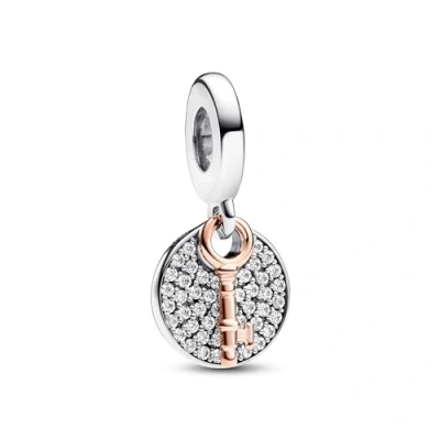 Image of Pandora Moments Key sterling silver and 14k rose gold plated double dangle with clear cubic zirconia