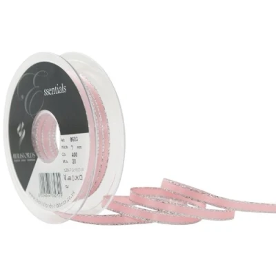 Image of Berisfords 7 mm Silver Edge Satin Ribbon, Pink Azalea
