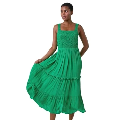 Image of Roman Originals Crochet Detail Cotton Blend Maxi Dress for Women UK Ladies Everyday Holiday Spring Summer Square Neckline Comfy Soft Evening Vacation Work Party Green Size 18