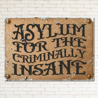Image of PEAKY SHELBY ASYLUM Insane Sign Retro Metal Man Cave Bar Pub Plaque Vintage