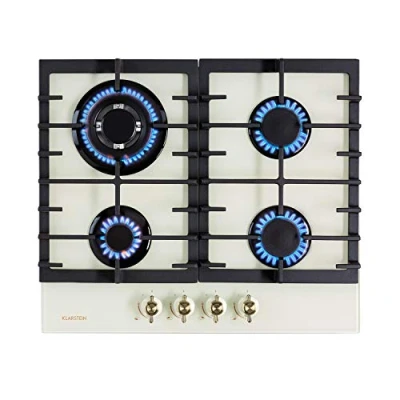 Image of Klarstein Victoria gas hob, built in, Sabaf burner, natural/propane gas, safety valves, automatic switch off, cast iron pan supports, glass ceramic retro look, 4 flames, white