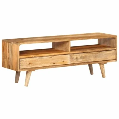 Image of vidaXL TV Cabinet Unit/Sideboard Solid Wood Mango, 140x30x41 cm Retro Media Storage, Brown Entertainment Centre with Unique Grains