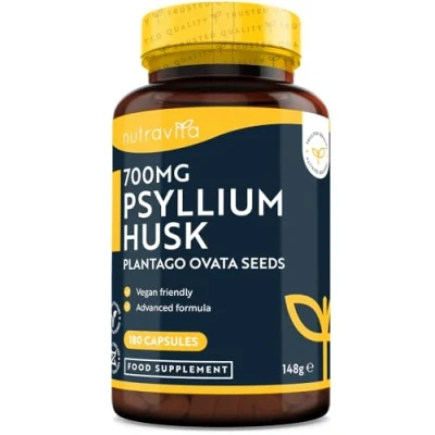 Image of Psyllium Husks Fibre Supplement 1400mg per Serving Naturally High in Soluble 180 Vegan Capsules Supports Daily Rhythm 100% Pure Plantago Ovata Plant Seeds Made The UK by Nutravita