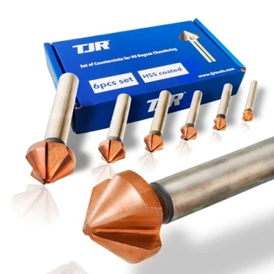 Image of TJR® Countersink 90 Diameter 6.3 20.5 mm Made of HSS Steel with coating Really Sharp and Deburring Set for Wood, Metal Plastic in Storage Box (HSS 4241 Co coating)