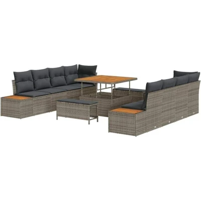 Image of vidaXL 11 Piece Garden Sofa Set with Cushions Grey Poly Rattan Acacia