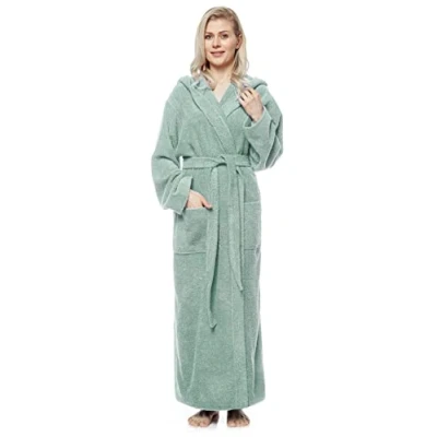 Image of Arus Women&#039;s bathrobe with hood, full length, 100% cotton terry, women`s size: M long, unisex S Seafoam