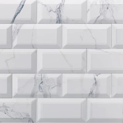 Image of Metro Marble White &amp; Grey Ceramic Wall Tile Subway Brick Effect with Bevelled Edges, Kitchen Bathroom Tiles, Gloss Finish, 1m2, Box of 50 100mm x 200mm