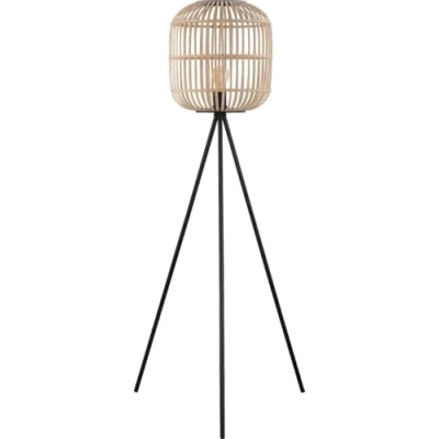 Image of Eglo Bordesley Vintage Floor Lamp, Nature, Boho and Hygge Style Light, Black Steel Natural Coloured Wood Standing Living Room Lighting, incl. Step Switch, E27 Socket