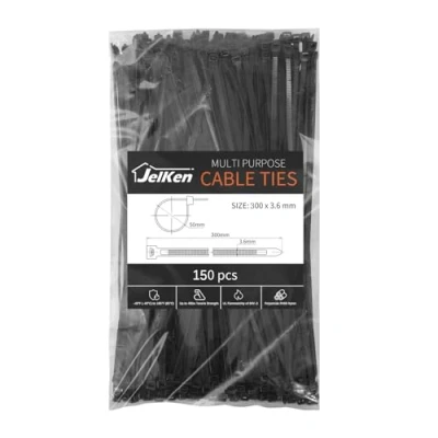 Image of JelKen 150 Pack Black Cable Ties, 300mm x 3.6mm, 12&quot; Nylon Tie Wraps, Self Locking Strong Zip Ties for Home Office and Garden