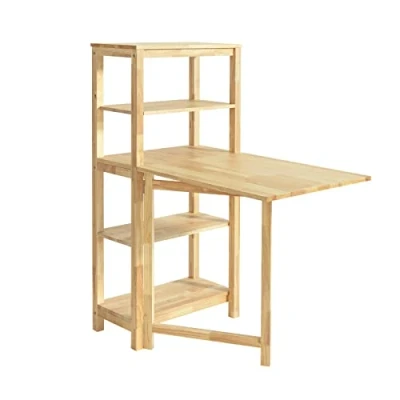 Image of SoBuy FWT70 N, Folding Dining Table Room Kitchen with 5 Storage Shelves, Rubber Wood