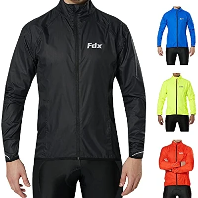 Image of FDX Men’s Cycling Jacket Waterproof Lightweight Breathable MTB Cycle Rain Tops High Visibility Full Sleeves Taped Seams Reflective Jersey Windproof Coat for Running, Bike Racing (Black, Medium)