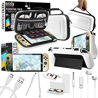 Image of Orzly Accessory Bundle kit for Nintendo Switch OLED Accessories Essentials Pack Case and Screen Protector Comfort Grip Cover Headphones charger cable Games holder more Gift boxed Edition