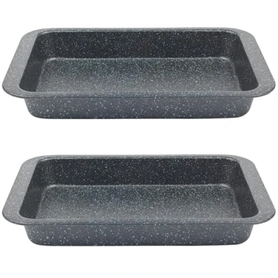 Image of Salter COMBO 8262 Roasting Tray Set of 2, Non Stick Carbon Steel Deep Roaster, Easy Clean, Strong &amp; Durable Baking Pan, Long Lasting, PFOA Free, Megastone Collection Oven Tin, Black/Silver, 37 cm
