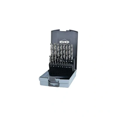 Image of RUKO HSS G Twist Drill Bit Set in Plastic Case, DIN 338, Type N, Bright Finish, 19 Pieces, R214214RO