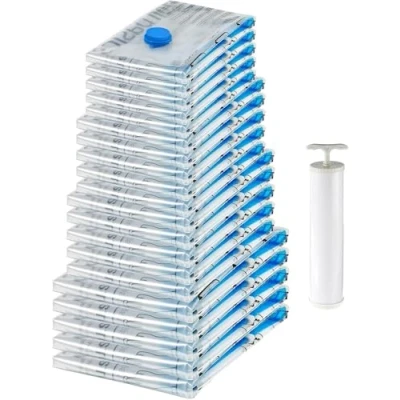 Image of Amazon Basics Vacuum Compression Zipper Storage Bags with Hand Pump, 20 Count, 4 Pack of 5 (Small, Medium, Large &amp; Jumbo), Multiple, Clear