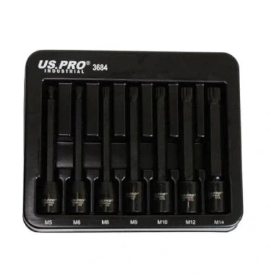 Image of US PRO INDUSTRIAL 7PC 3/8&quot; DR Extra Long Impact Spline Bit Socket Set M5 M14 3684