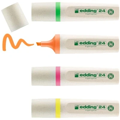Image of edding 24 EcoLine highlighter set of 4 yellow, orange, pink, green chisel nip 2 5 mm for quick and easy marking highlighting texts notes refillable, made recyclable material