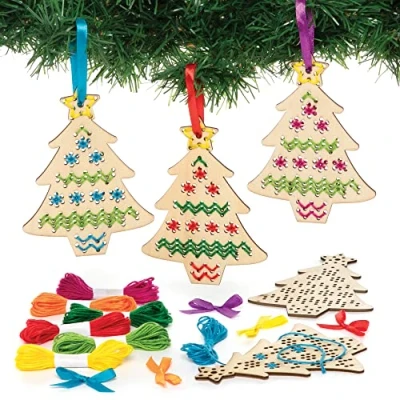 Image of Baker Ross FE862 Christmas Tree Cross Stitch Craft Kits for Kids Pack of 5, Sewing and Kids, Crafts Green,Orange,Purple,Red