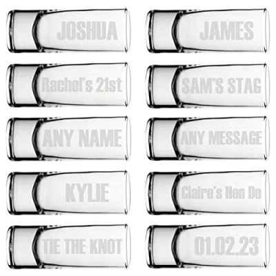 Image of Personalised Name Shot Shooter Glass Tall Double 60ml Any Multi Pack 5, 10, 20, 30, 40, 50, 100 Glasses Stag Hen Do Wedding Favour Birthday Tequila Rum Gin Whisky