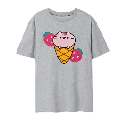 Image of Pusheen Womens T Shirt White Ice Cream Graphic Tee for Ladies Oversized Cute Kitty Short Sleeve Tshirt Lightweight Internet Cat Apparel Top Stylish Daywear Merchandise Gift Adults