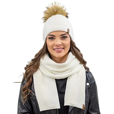 Image of Vivisence Elegant Winter Set for Women with Pompom Hat and Warm Scarf Perfect Cold Days Ideal Both Casual Formal Outfits Made from Soft Acrylic Fabric, Ecru,UNI