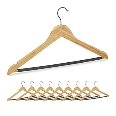 Image of Relaxdays Bamboo Coat Hanger Set of 10, Closet Holders, Notches &amp; Rails, Non Slip, 360 Swivel Hooks, Natural/Black