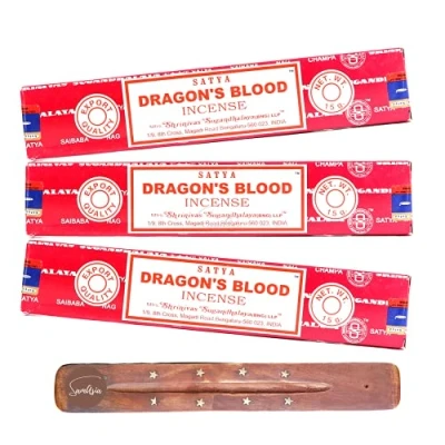Image of Satya Nag Champa Dragons Blood incense sticks with SAMASIA holder Used for Aromatherapy, Spa, Yoga, Weddings, Meditation, Healing, Positivity and Relaxation (Pack of 3)
