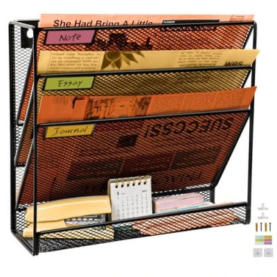 Image of PLSOPPKG 4 Tier Wall Mounted File Organizer, Hanging Holder, A4 Pocket Metal Mesh Magazine Rack, Mail Organizer Mount Upgrade