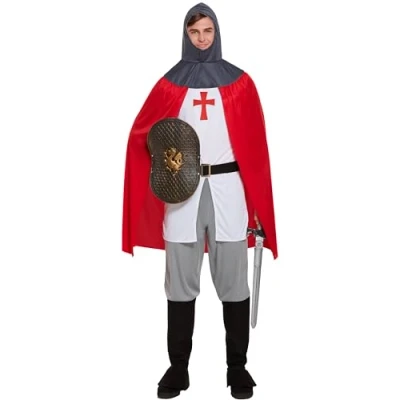 Image of Quickdraw Adults Medieval Knight Costume for Men One Size Fits Most Fancy Dress Outfit with Cape Inspired by English Knights Templar Crusaders and St. George