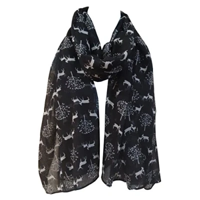 Image of GlamLondon Deer and Trees Scarf Christmas Reindeer Stag Ladies Large Festive Party Gift (Black)