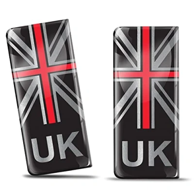 Image of Biomar Labs 2 x UK Number Plate Car Stickers United Kingdom GB Union Jack Thin Red Line Flag Decals Badge QS 8