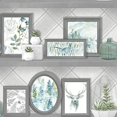 Image of Holden Decor Whitcliffe Stag Frames Grey Teal Wallpaper 90730 Check Shelves